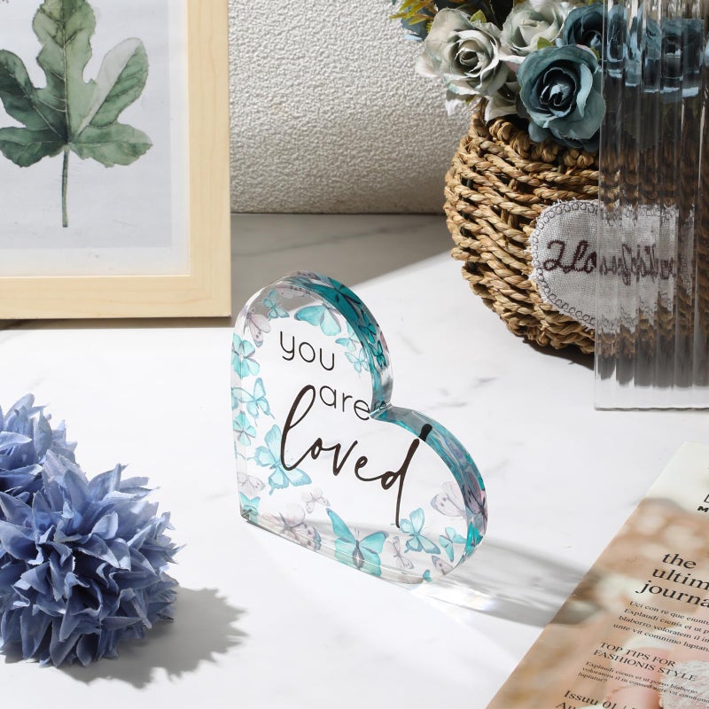 Yulejo Inspirational Butterfly Gift You Are Loved Decor Acrylic Heart Shaped Keepsake with Rustic Butterflies for Employee Appreciation Office Business Favor Back to School Gift Teacher(Green) - Image 4