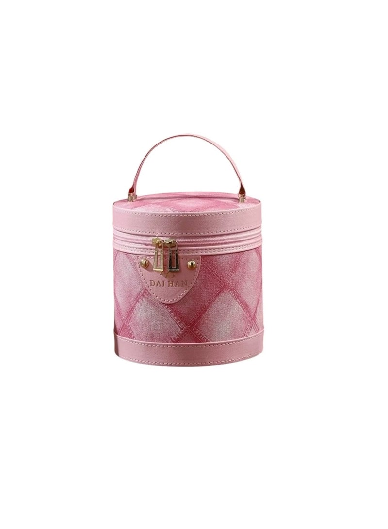 Pink Cylindrical Makeup Case Large Capacity Waterproof Travel Cosmetic Bag with Mirror Gift for Women - Image 1