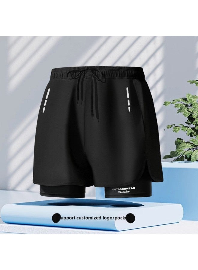 Loquat Men's Double-layer Quick-drying Swimming Trunks Breathable Boxers Swimming Suit Summer Comfortable Shorts Sports Swimming Suit-Color:Black- - Image 1