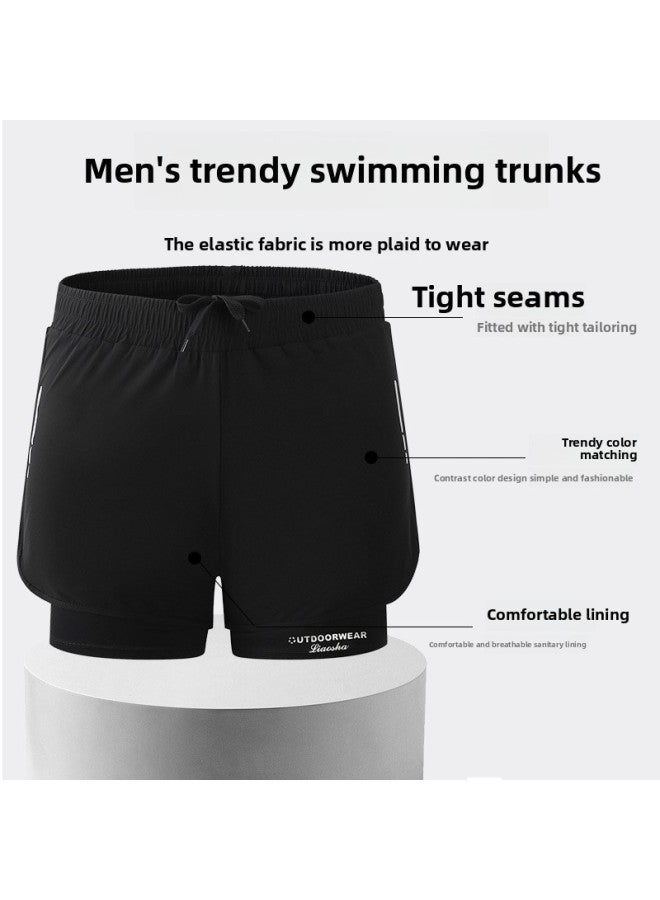 Loquat Men's Double-layer Quick-drying Swimming Trunks Breathable Boxers Swimming Suit Summer Comfortable Shorts Sports Swimming Suit-Color:Black- - Image 3