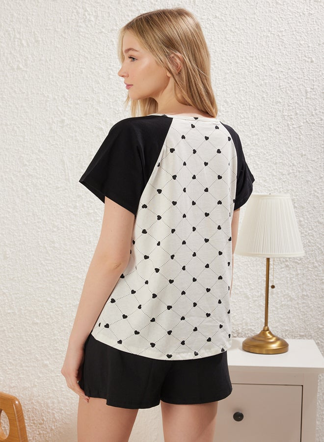 trendyol Hearted BlackEcru Cotton Pajamas Set  Raglan Sleeves & Shorts - Image 5