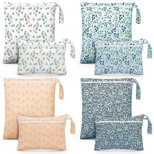 Reginary 8 Pack Wet Dry Bags Large Small Waterproof Reusable Travel Zipper Pouches for Baby Diapers Family Wet Clothes Beach Swimsuits Toiletries2 SizesLeafMulticolor - Image 1