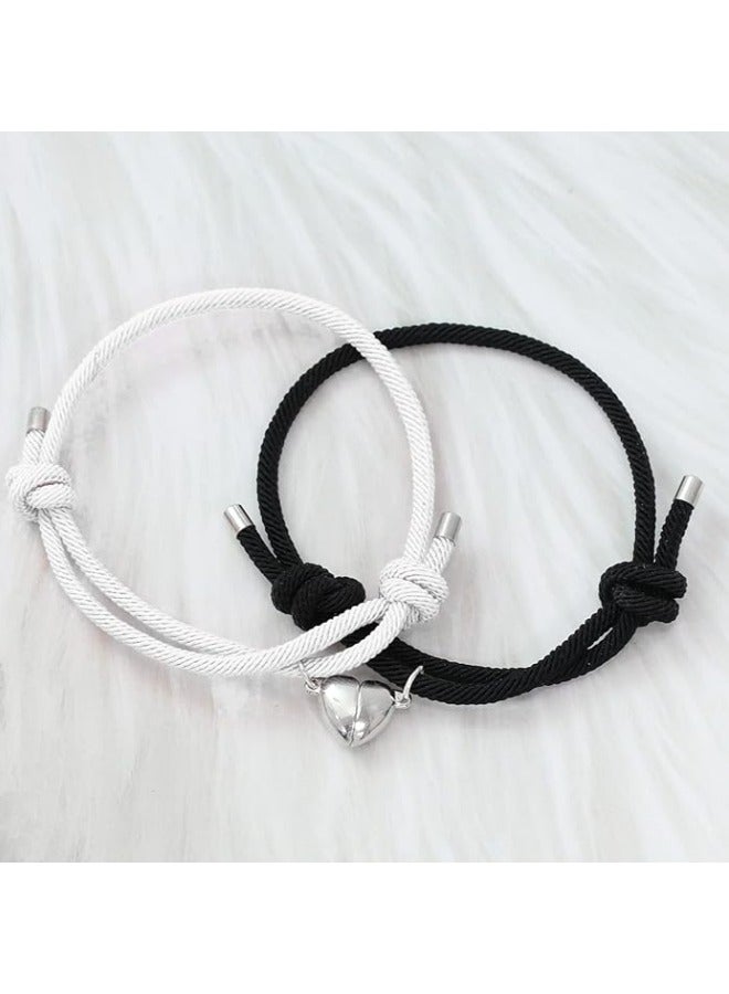2-Piece Adjustable Couple Bracelets for Couples & Best Friends – Black & White Heart Charm Matching Set with Kraft Envelope & Postcard – Romantic Gift for Eid al Adha  - Image 2
