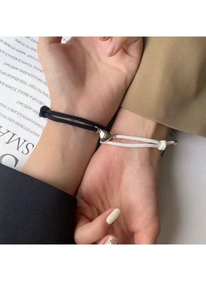 2-Piece Adjustable Couple Bracelets for Couples & Best Friends – Black & White Heart Charm Matching Set with Kraft Envelope & Postcard – Romantic Gift for Eid al Adha  - Image 1