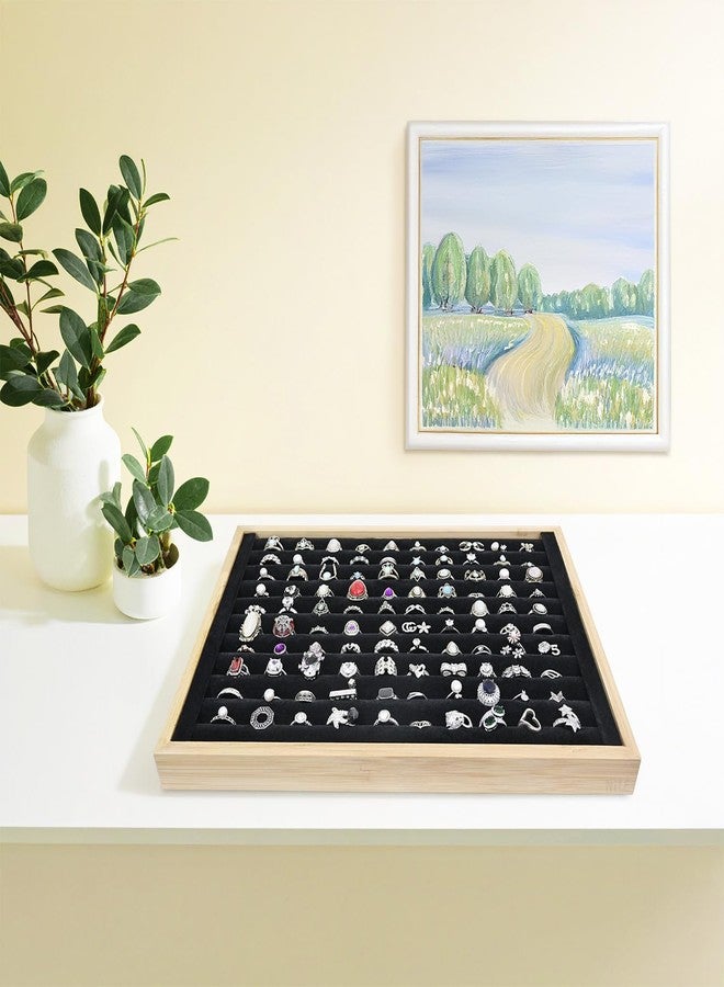 MOOCA 2 Pcs Bamboo Ring Display Tray Set with Black Suede Lining, Ring Organizer for Jewelry Storage and Display, Beige Color, 14W x 9.7D x 1.2H in - Image 5