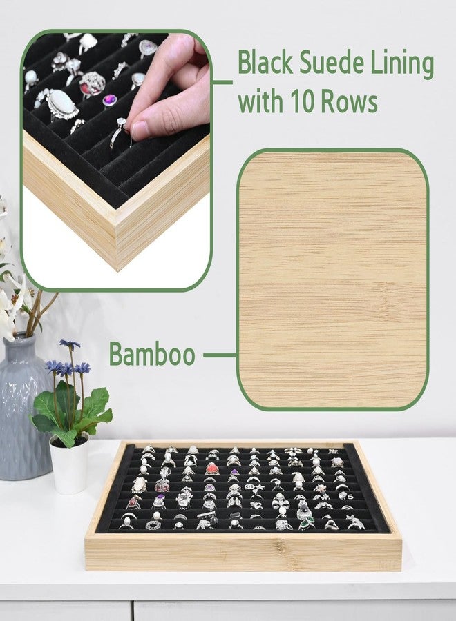 MOOCA 2 Pcs Bamboo Ring Display Tray Set with Black Suede Lining, Ring Organizer for Jewelry Storage and Display, Beige Color, 14W x 9.7D x 1.2H in - Image 4