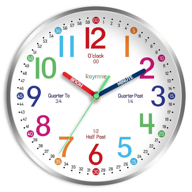 Roymnie Wall Clock for Kids Learning Easily Kids Teaching Clock Silent Non Ticking Battery Operated Colorful Teaching Time Clock Decorative for Kids Room Classroom School 10 Inch