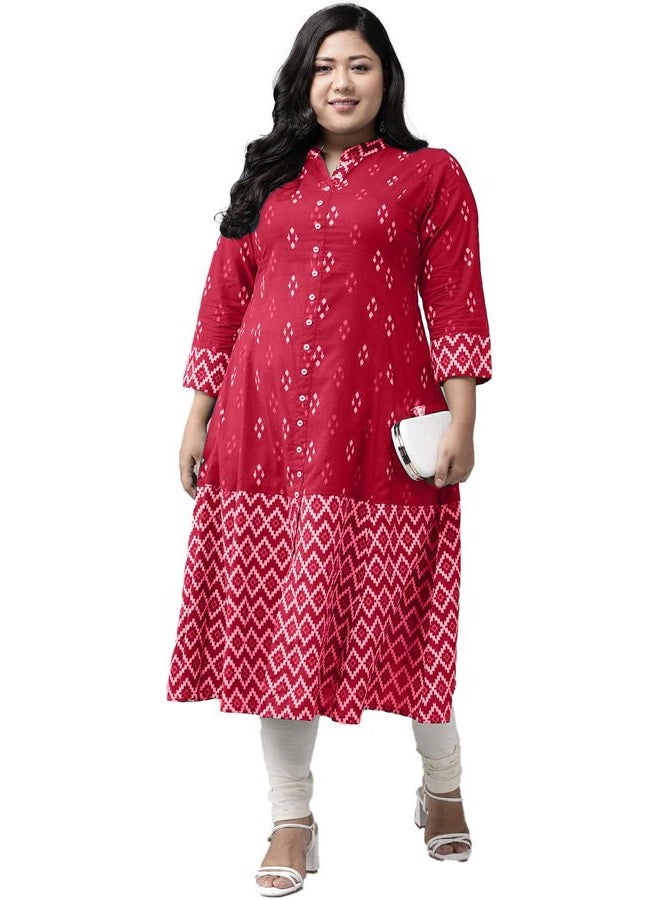 Yash Gallery كُرتا A-line مطبوعة من قطن ياش غاليري للنساء (أحمر، XS) - Image 3