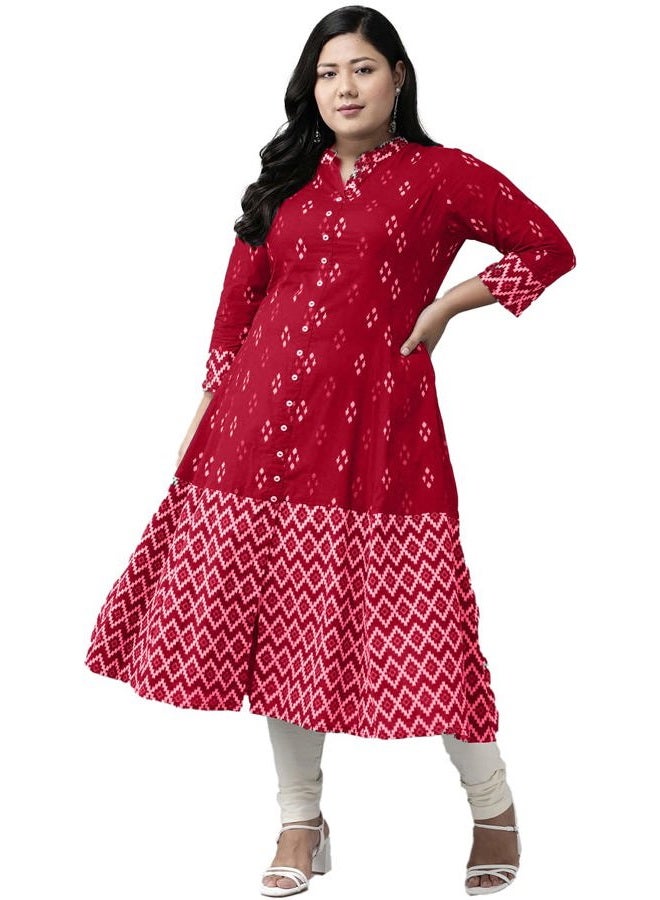 Yash Gallery كُرتا A-line مطبوعة من قطن ياش غاليري للنساء (أحمر، XS) - Image 1