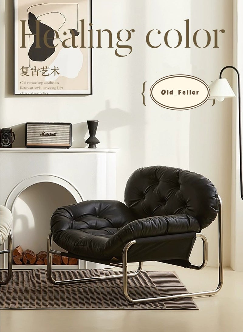 Old_Feller Bauhaus-Style Vintage Lounge Chair with Footstool  Premium Stain-Resistant PU Leather, Reinforced Chrome-Plated Base & Soft Cushioning, Ideal for Living Room Balcony/Study/Bedroom(Black)  - Image 5