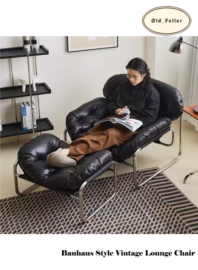 Old_Feller Bauhaus-Style Vintage Lounge Chair with Footstool  Premium Stain-Resistant PU Leather, Reinforced Chrome-Plated Base & Soft Cushioning, Ideal for Living Room Balcony/Study/Bedroom(Black)  - Image 1
