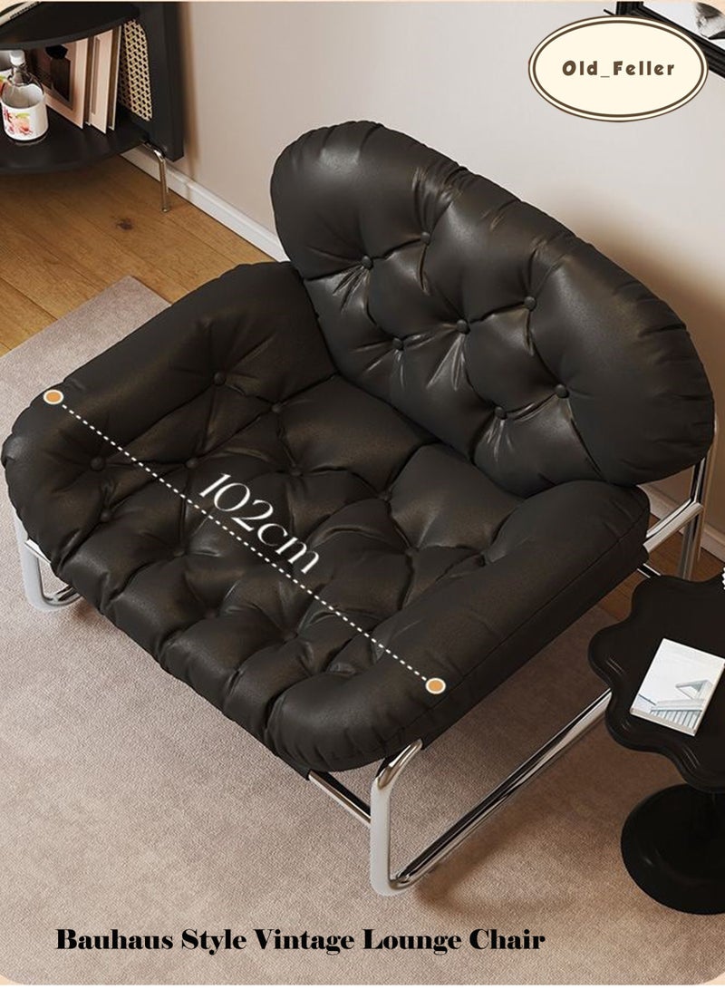 Old_Feller Bauhaus-Style Vintage Lounge Chair with Footstool  Premium Stain-Resistant PU Leather, Reinforced Chrome-Plated Base & Soft Cushioning, Ideal for Living Room Balcony/Study/Bedroom(Black)  - Image 4