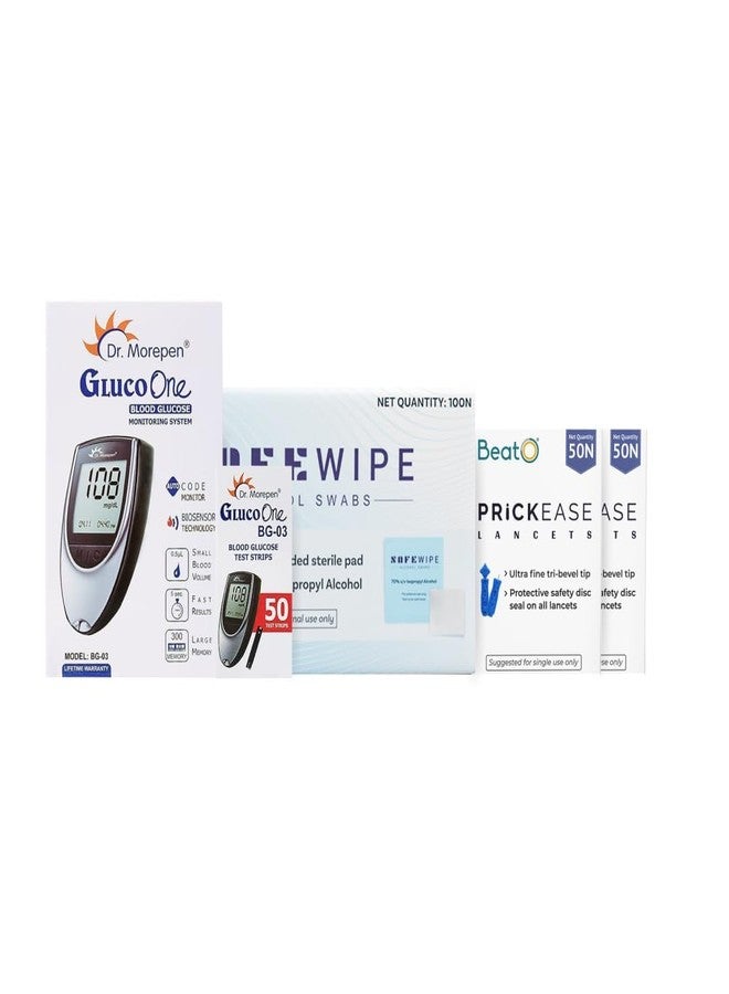 Beato Dr. Morepen Glucoone BG 03 Glucometer With 50 Strips, 100 Lancets With 100 Swabs, Multicolor - Image 1
