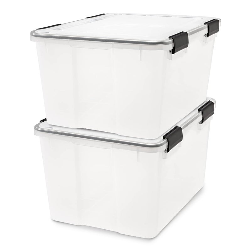 IRIS USA WeatherPro 47 Qt Storage Bins with Lids 2 Pack BPAFree Plastic Gasket Box with Tight Latch and Seal Stackable Nestable Tote Tub  ClearBlack