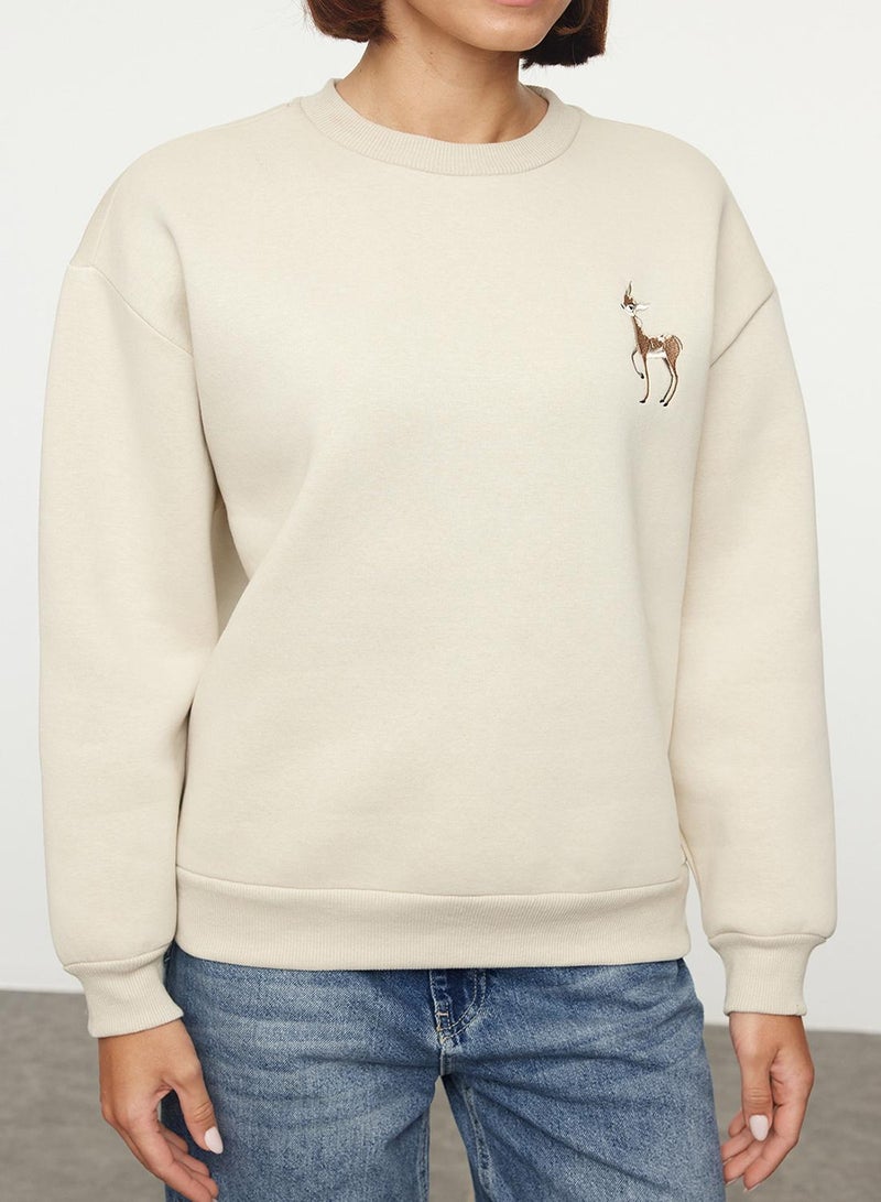trendyol Stone Animal Embroidered Regular/Normal Fit Thick Fleece Inside Knitted Sweatshirt - Image 2