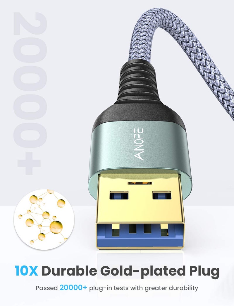 AINOPE 2 Pack USB Extensions Cable High Speed USB 3.0 Extension Cord Type A Male to Female Sturdy Braided Material Fast Data Transfer Compatible with USB Keyboard,Mouse,Flash Drive,Grey,10FT+10FT - Image 4