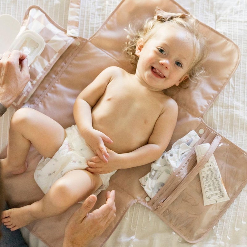 Tiny Twinkle Portable Diaper Changing Pad | Waterproof, Wipeable & Compact Baby Changing Pad for Travel | Smart Wipes Pocket & Organized Storage| Newborn Shower Gift (Beige Checkers) - Image 5