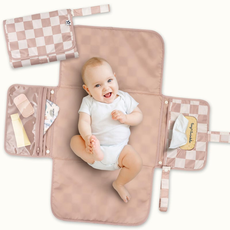 Tiny Twinkle Portable Diaper Changing Pad | Waterproof, Wipeable & Compact Baby Changing Pad for Travel | Smart Wipes Pocket & Organized Storage| Newborn Shower Gift (Beige Checkers) - Image 1