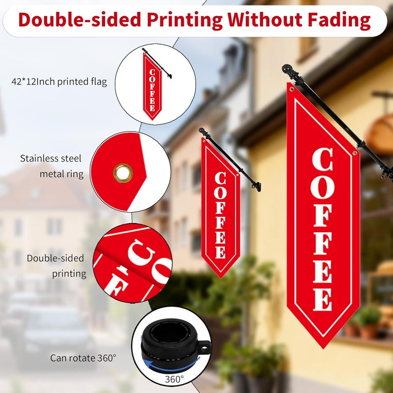 yeload Outdoor Coffee Flag with Pole Kit – 42x12 Inch Double-Sided Heavy-Duty Canvas Banner – Business Storefront Sign with Metal Bracket for Café, Shop, or Restaurant Use (Red) - Image 3