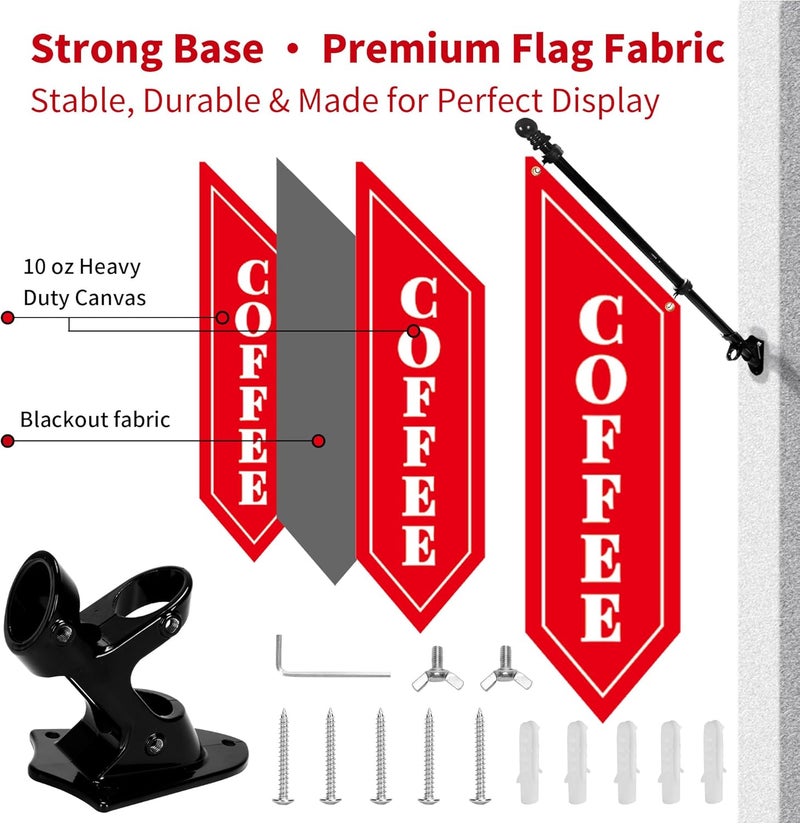yeload Outdoor Coffee Flag with Pole Kit – 42x12 Inch Double-Sided Heavy-Duty Canvas Banner – Business Storefront Sign with Metal Bracket for Café, Shop, or Restaurant Use (Red) - Image 2