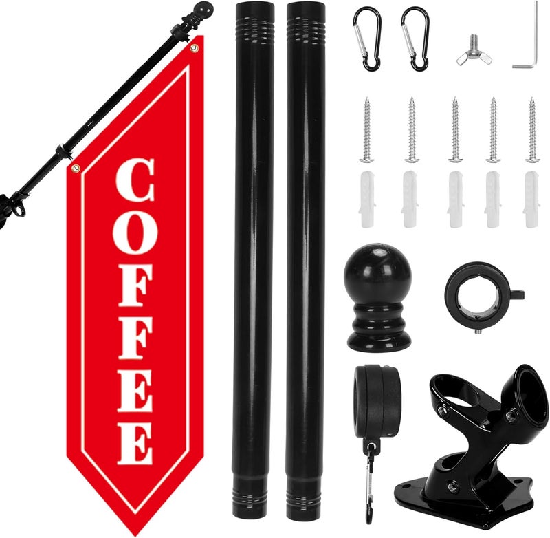 yeload Outdoor Coffee Flag with Pole Kit – 42x12 Inch Double-Sided Heavy-Duty Canvas Banner – Business Storefront Sign with Metal Bracket for Café, Shop, or Restaurant Use (Red) - Image 1