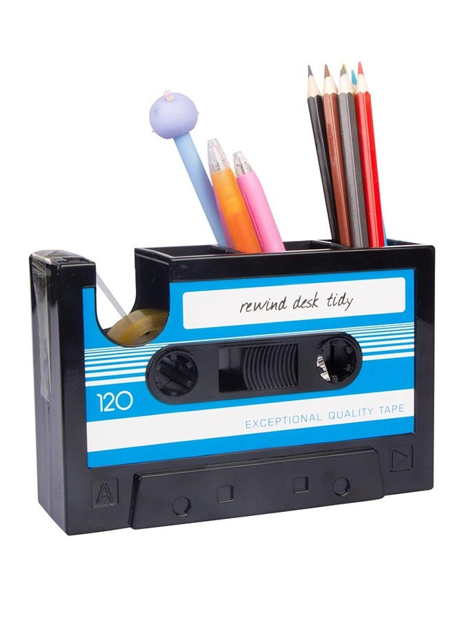 Tape Dispenser with Pen Holder, Retro Cassette Tape Dispenser, 80's Desk Accessories, Retro Office Supplies, Office Stationery Storage, Funny Tape Dispenser (Blue) - Image 1
