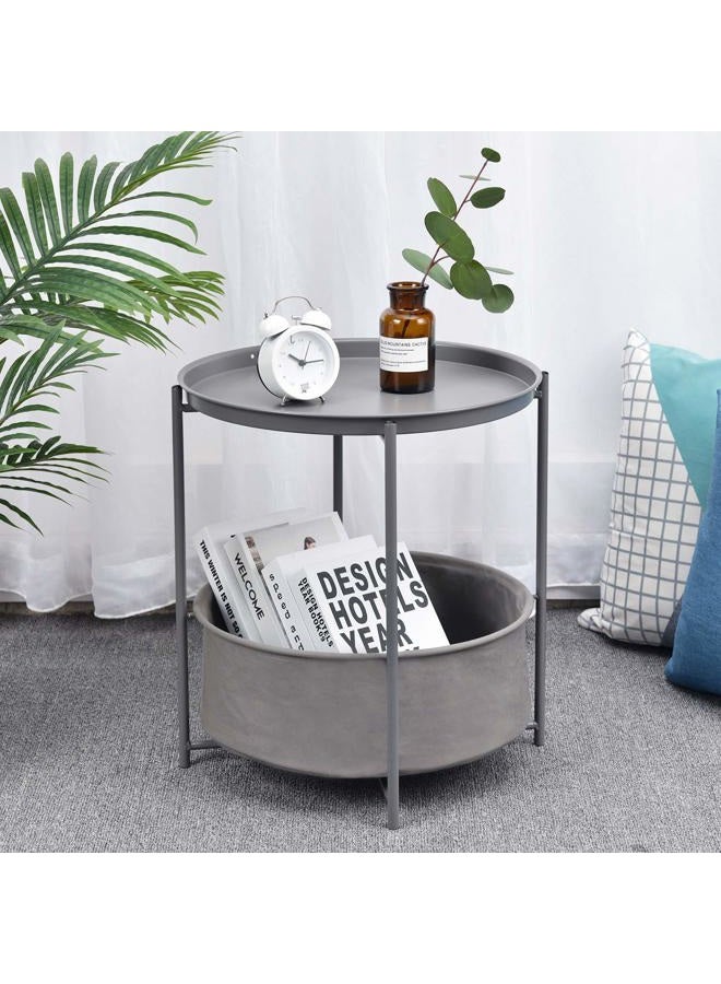 TOOLF End Table, Metal Nightstand, Coffee Round Table, Sofa Side Snack Table with Detachable Tray Top and Fabric Storage Basket, Scandi Style Table for Living Room Bedroom (Dark Grey) - Image 2