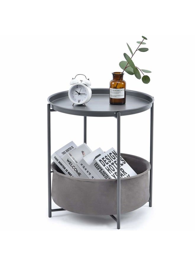 TOOLF End Table, Metal Nightstand, Coffee Round Table, Sofa Side Snack Table with Detachable Tray Top and Fabric Storage Basket, Scandi Style Table for Living Room Bedroom (Dark Grey) - Image 1