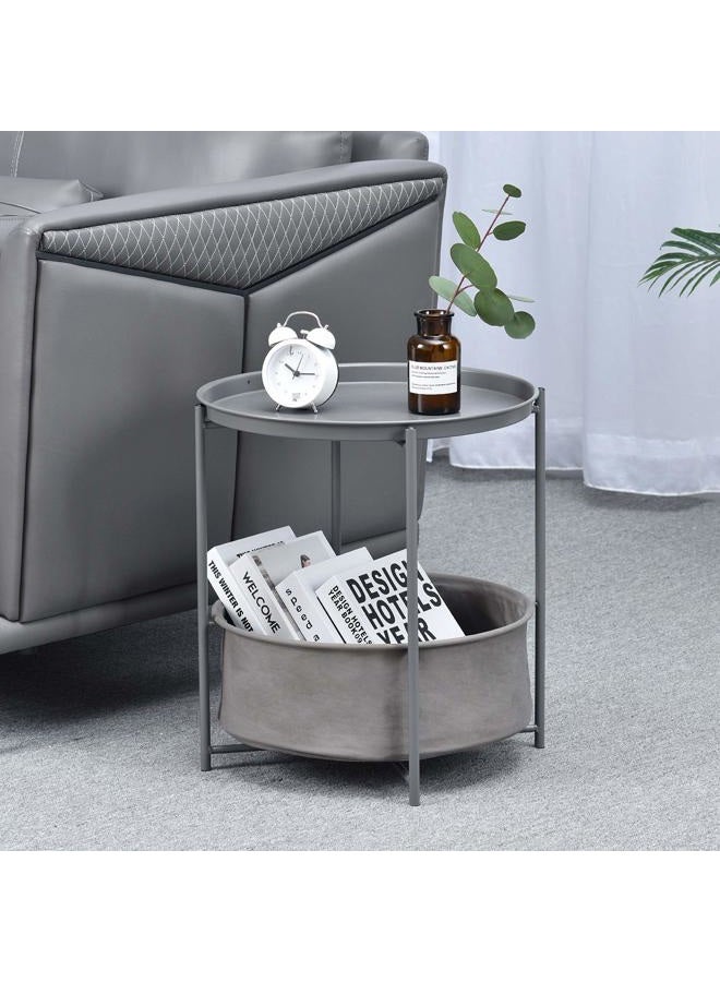 TOOLF End Table, Metal Nightstand, Coffee Round Table, Sofa Side Snack Table with Detachable Tray Top and Fabric Storage Basket, Scandi Style Table for Living Room Bedroom (Dark Grey) - Image 3