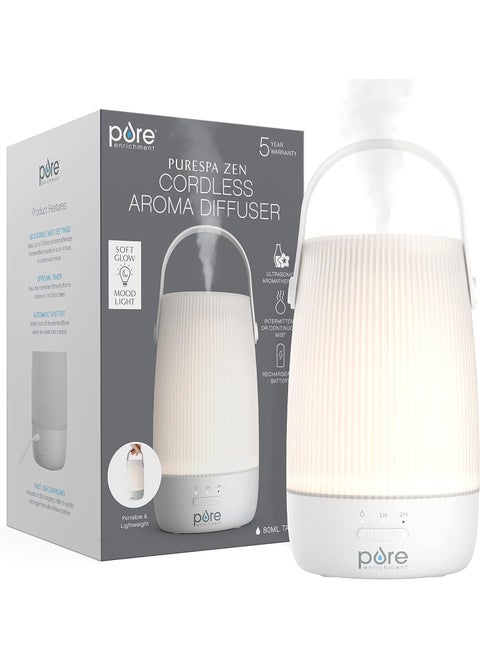 Pure Enrichment PureSpa Zen Cordless Essential Oil Diffuser & Light - Portable Travel-Friendly Aroma Diffuser Lasts 7.5 Hrs, Optional Mood Light, 2 Mist Settings, Optional Timer, & Auto Shut-Off