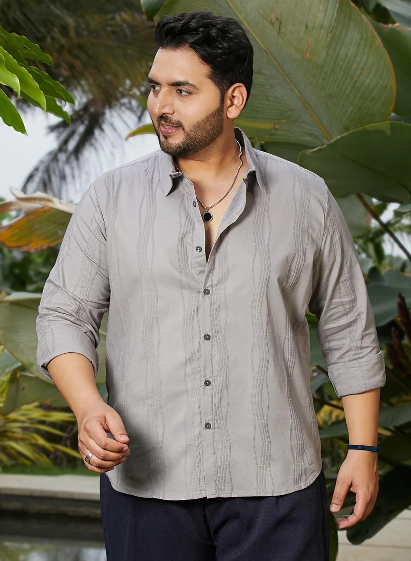 انستافاب بلس قميص رجالي مقاس بلس رمادي بنقوش دوامية ملمسية للملابس الكاجوال بياقة عريضة وأكمام طويلة بأزرار