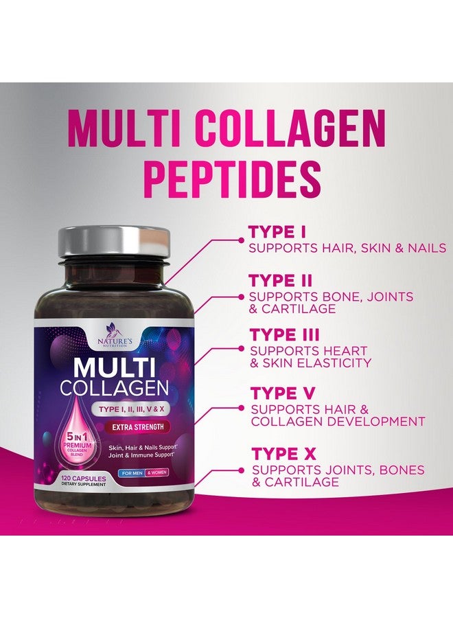 Nature's Nutrition Collagen Peptides for Women & Men - Type I, II, III, V, X Multi Collagen Pills, Hydrolyzed Collagen Peptides Supplements, Nature's Hair, Skin, Nail, and Joint Support Supplement, Non-GMO, 120 Capsules  - Image 2