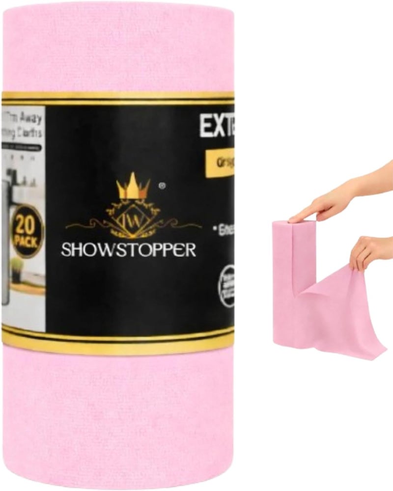 SHOWSTOPPER لفافة مناشف تنظيف من الألياف الدقيقة، مناشف قابلة لإعادة الاستخدام وممزقة، قابلة للغسل، فائقة الامتصاص، خرق تنظيف، مناشف أطباق، قطعة قماش للتنظيف للسيارة أو المنزل أو المطبخ. (وردي فاتح، 25 سم × 25 سم) - Image 1