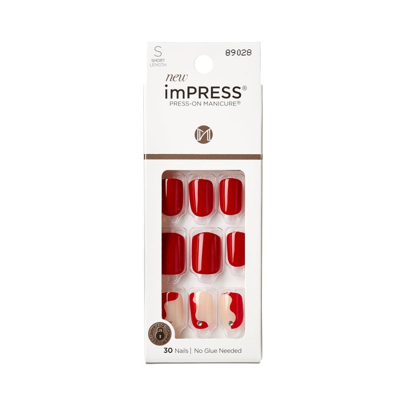 Impress أظافر كيس إيمبريس الاصطناعية - أعشقك، قصيرة، مربعة، حمراء، سهلة التركيب، مقاومة للتشقق، مقاومة للبقع، مقاومة للماء، لا تحتاج لوقت جفاف، مريحة وآمنة، لاصق قوي | 30 قطعة - Image 1