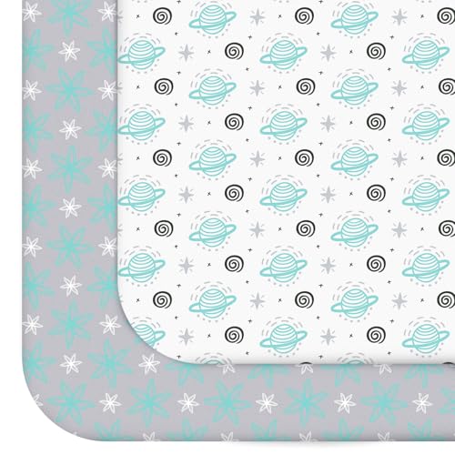 Moonsea Pack and Play Sheets 2 Pack Mini Crib Sheets Stretchy Playard Fitted Sheet Compatible with Graco Pack n Play Soft and Breathable Material Planet Flower - Image 1