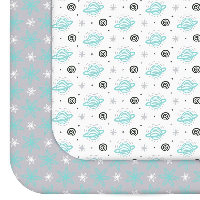 Moonsea Pack and Play Sheets 2 Pack Mini Crib Sheets Stretchy Playard Fitted Sheet Compatible with Graco Pack n Play Soft and Breathable Material Planet Flower - Image 2