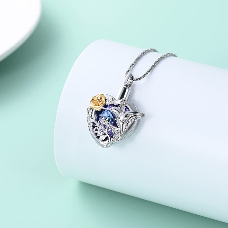 Yinplsmemory Hummingbird Cremation Jewelry Crystal Heart Urn Ashes Necklace for Women Men Memorial Keepsake Necklace of Loved One - Image 3