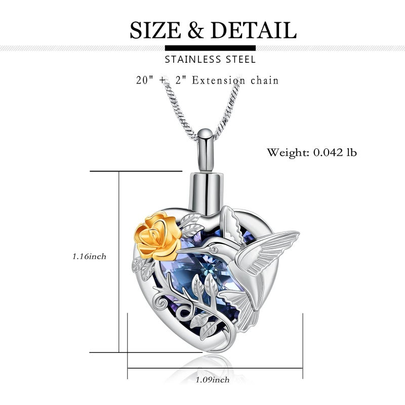 Yinplsmemory Hummingbird Cremation Jewelry Crystal Heart Urn Ashes Necklace for Women Men Memorial Keepsake Necklace of Loved One - Image 2