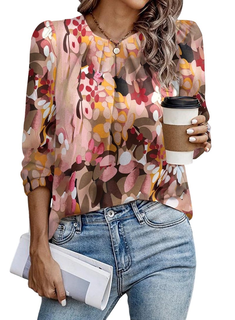 Samefar Womens Floral Patten Blouses Dressy Casual Pleated Crew Neck Long Sleeve Shirts for Women Office Work Chiffon Blouses Medium - Image 1