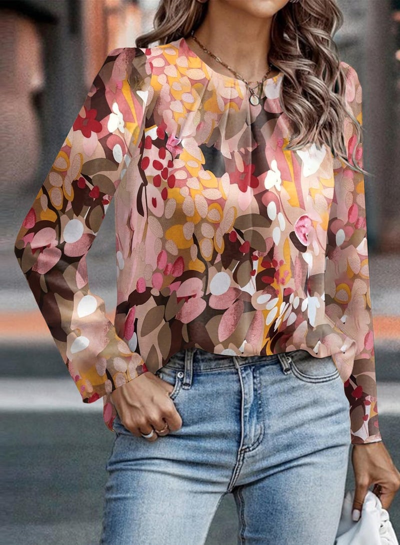 Samefar Womens Floral Patten Blouses Dressy Casual Pleated Crew Neck Long Sleeve Shirts for Women Office Work Chiffon Blouses Medium - Image 5