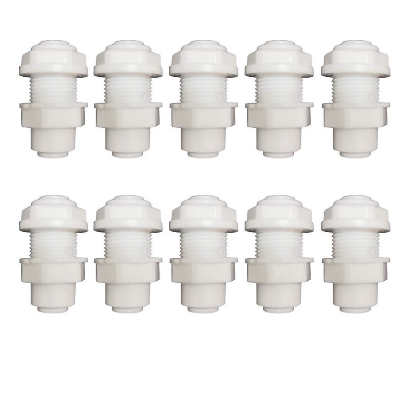 YZM White Fittings Bulkhead Connector 1/4" Tube Quick connect RO Water Filter Pack of 10 (Bulkhead Connector 1/4)
