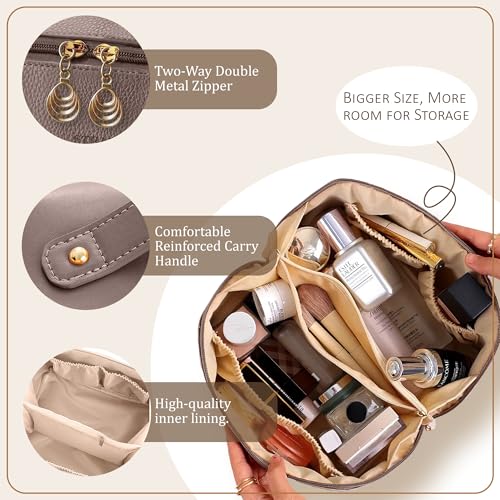 STRAPVILLA Leather Makeup Bag for Women - Large Capacity Waterproof Makeup Pouches for Women, Cosmetic Makeup Pouch - Wide Opening Zipper Cosmetic Pouch - Travel Makeup Organizer Kit (Taupe) - Image 3