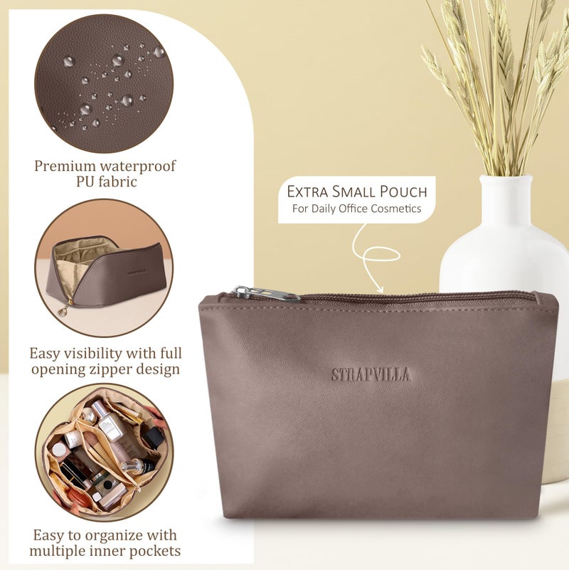 STRAPVILLA Leather Makeup Bag for Women - Large Capacity Waterproof Makeup Pouches for Women, Cosmetic Makeup Pouch - Wide Opening Zipper Cosmetic Pouch - Travel Makeup Organizer Kit (Taupe) - Image 2