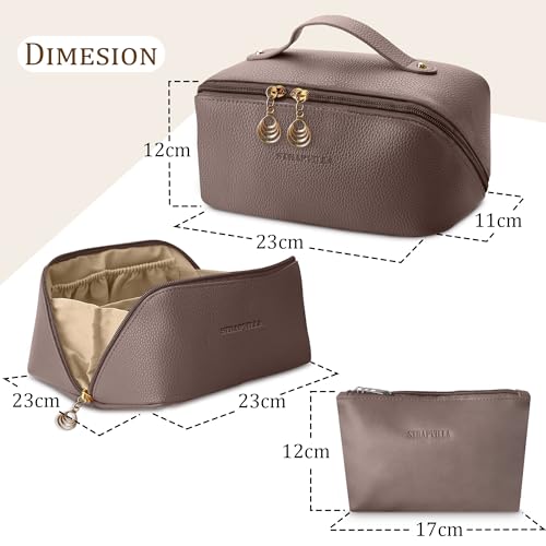 STRAPVILLA Leather Makeup Bag for Women - Large Capacity Waterproof Makeup Pouches for Women, Cosmetic Makeup Pouch - Wide Opening Zipper Cosmetic Pouch - Travel Makeup Organizer Kit (Taupe) - Image 5