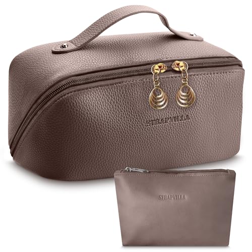 STRAPVILLA Leather Makeup Bag for Women - Large Capacity Waterproof Makeup Pouches for Women, Cosmetic Makeup Pouch - Wide Opening Zipper Cosmetic Pouch - Travel Makeup Organizer Kit (Taupe) - Image 1