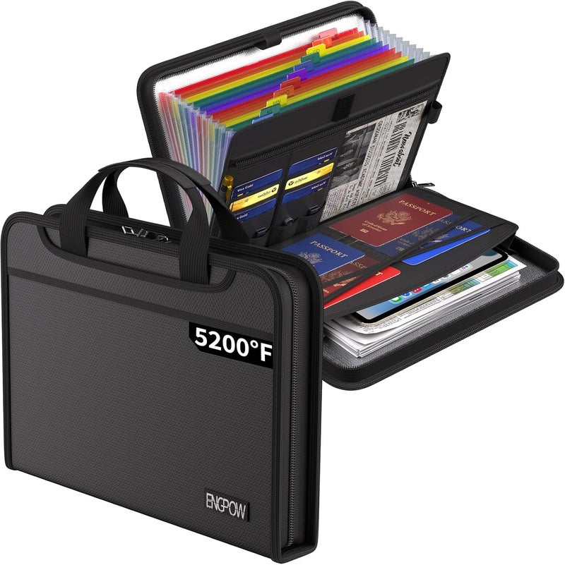 ENGPOW Accordion File Organizer, Fireproof 5200°F Expanding File Folder with 13 Pockets Document Organizer with Handle & Labels, Portable Home Office Travel Safe Storage for Letter A4 Files, Black - Image 1