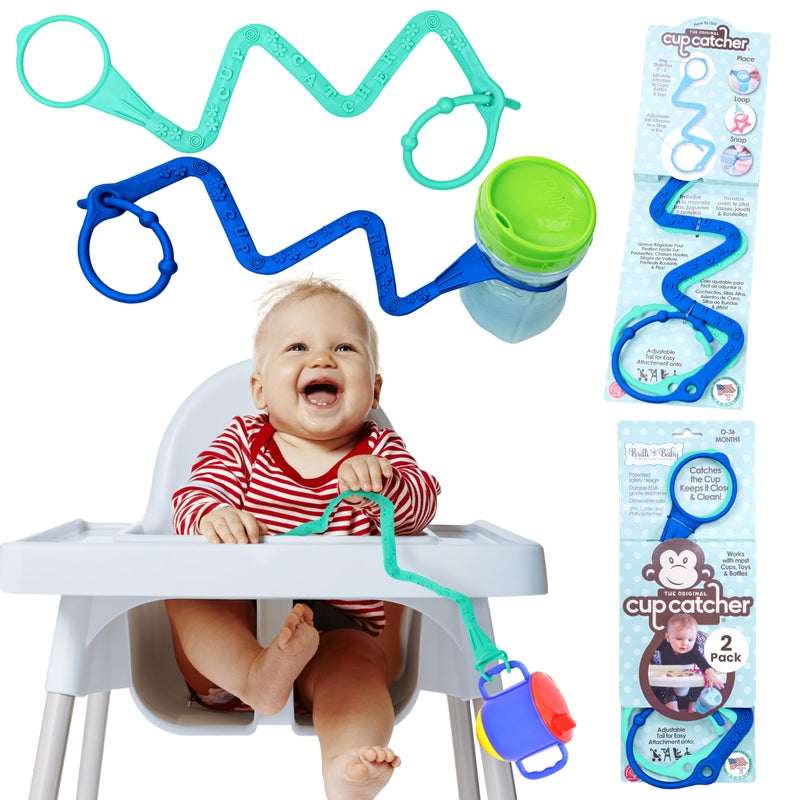 Brilli Baby Cup Catcher Patented Safety Tether Strap, Attach Sippy Cups, Bottles, Pacifiers & More to Stroller, High Chair, Car Seat, Made in USA, Food Grade, Dishwasher Safe (Aqua & Navy) - Image 1