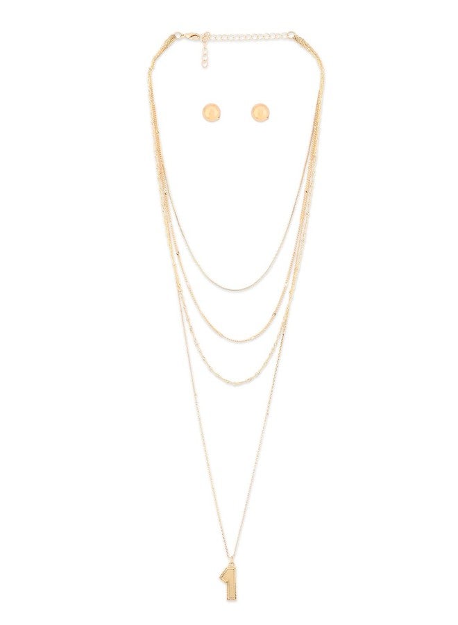Ami Gold Tone Classy Contemporary Multi Layered Number One Drop Chain and Earring For Women-ZPFK19203 - Image 1
