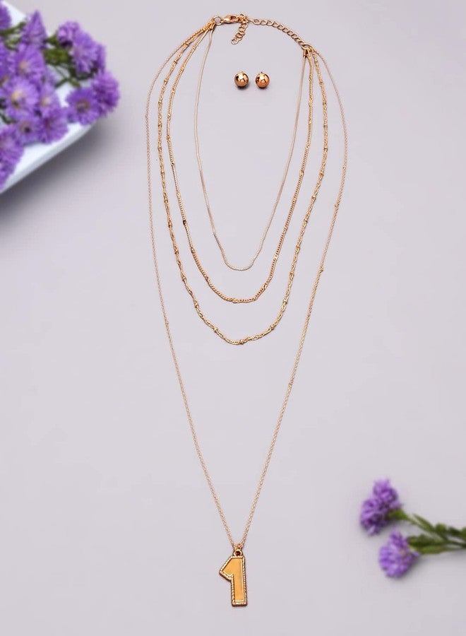 Ami Gold Tone Classy Contemporary Multi Layered Number One Drop Chain and Earring For Women-ZPFK19203 - Image 3