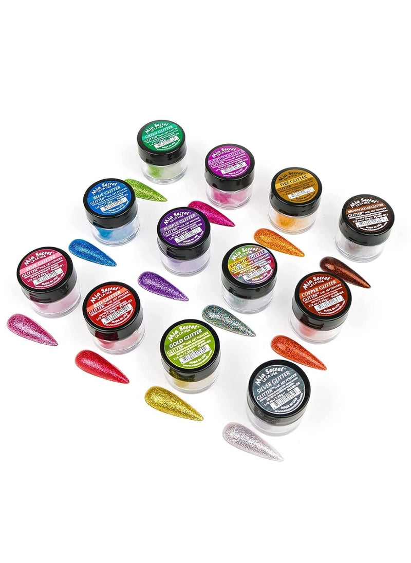 MIA SECRET Mia Secret GLITTER Acrylic Powder Collection (12 pc) Nail Art Powder Collection with 12 unique colors MADE IN USA 